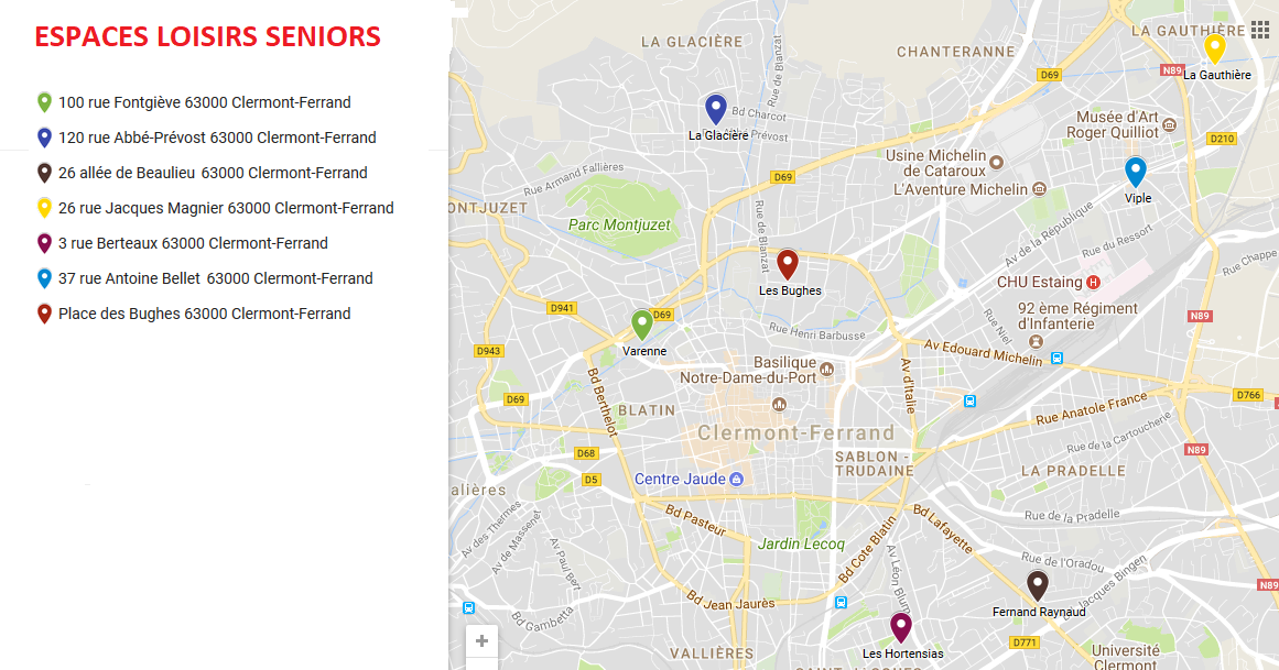 Carte des espaces loisirs seniors Carte des espaces loisirs seniors