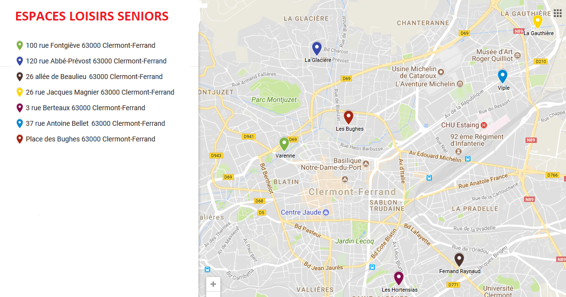 Carte des espaces loisirs seniors